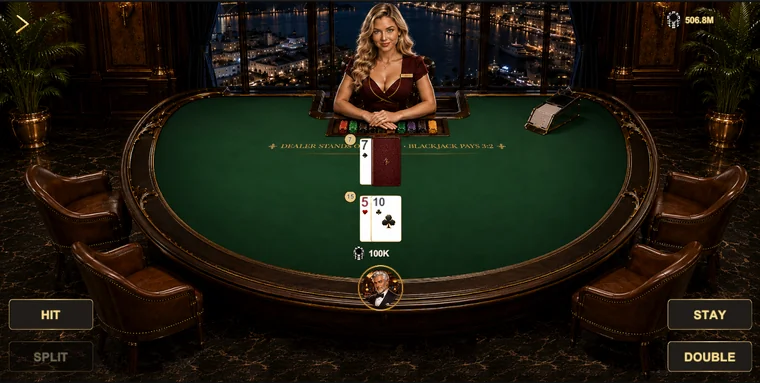 Blackjack table overlooking a harbour at night