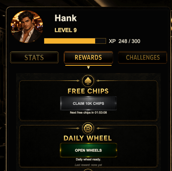 Player profile showing level, XP and tabs for stats, rewards and challenges