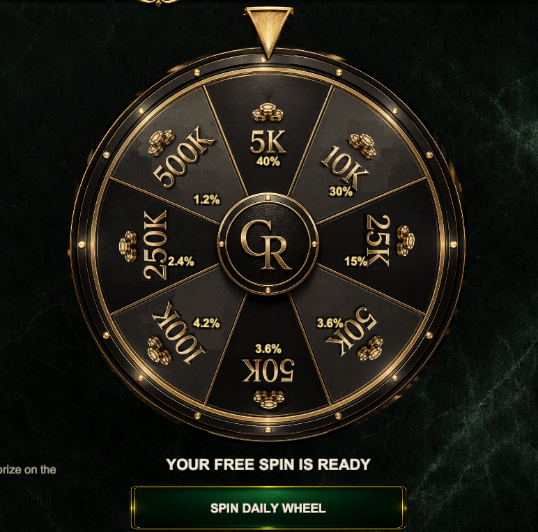 Daily wheel with a free spin ready and virtual chip rewards