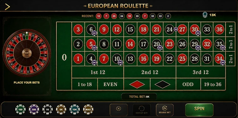 European Roulette with a single-zero wheel and a full betting layout